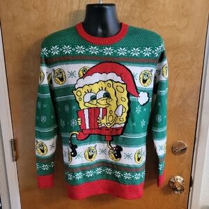 SpongeBob SquarePants Festive Ugly Xmas Sweater. Green and Red Sweater Large